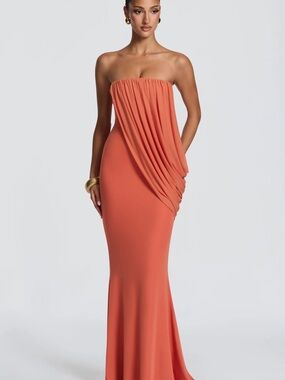 Strapless Coral Draped Evening Dress